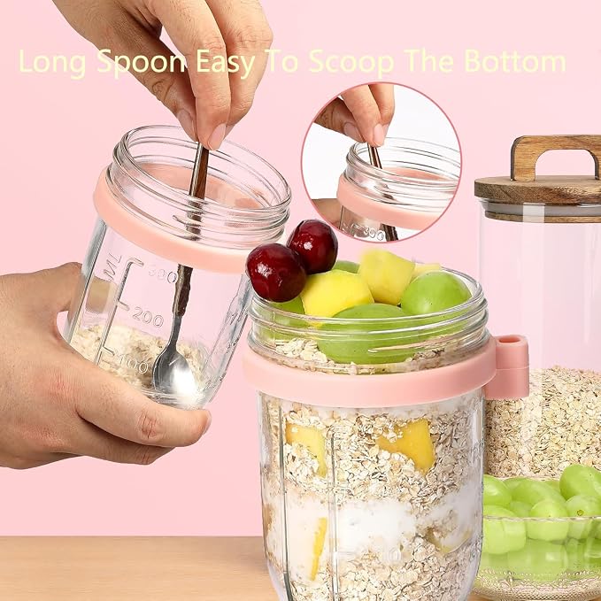Glass Overnight Oat Containers with Lids & Spoons 10 oz Clear Mason Overnight Oats Jars with Measurement Marks Airtight Leak-Proof Cereal, Milk, Vegetable and fruit Salad Storage Container 2 Packs