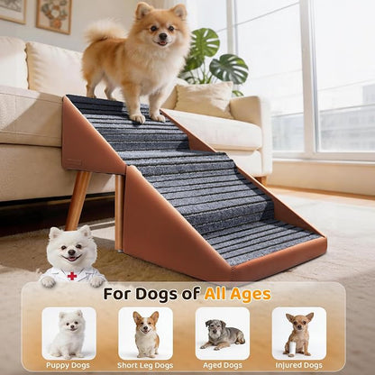 Dog Stairs for Small, Medium, Large Dogs & Cats, 17" H 4‑Step Foldable 2‑in‑1 Wooden Pet Steps with Split Ottoman Design, Non‑Slip Dog Ramp for Couch Bed Sofa for Puppy Senior Injured Pets