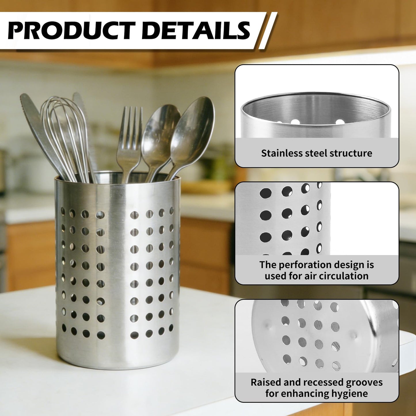 ZLMTZDJD 3PCS Black Stainless Steel Utensil Holder and Utensil Drying Holder, as a Kitchen Countertop Organizer and Silverware Drainer for Daily Home Use