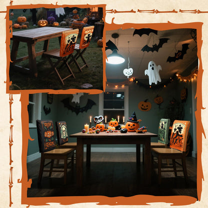 Moukeren 6 Pcs Halloween Chair Cover Set Gothic Halloween Decor Stretch Dining Chair Back Covers Witch Skeleton Pumpkin Black Cat Bat Seat Covers Farmhouse Dining Seat Protector for Home Kitchen Decor