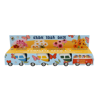 BUZZY Seeds Mini Ceramic Flower Bus Grow Kit, 4-Pack – Colorful Retro Bus Planters with Daisy, Cosmos, Calendula & Coneflower Seeds, All-in-One Seed Starter Gift Set