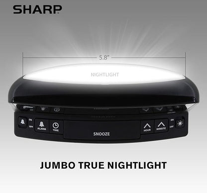 Sharp Digital Alarm Clock, 1.8" Red LED, Night Light, Loud Alarm, Black | Front keyboard controls, 9-minute snooze, AC powered, 9V settings backup, across-room viewing, bedroom, nursery, bathroom