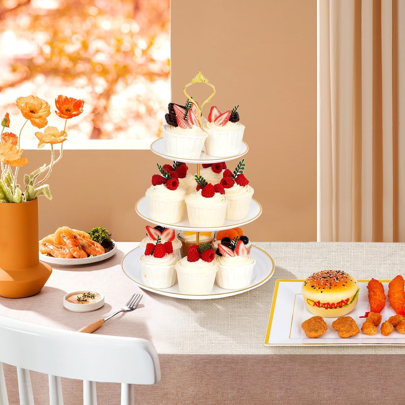 DI QIU REN 8PCS Cake Stand Set, Plastic Cupcake Stands with Gold Rim, Dessert Display Stands Set for Wedding Birthday Party Tea Party