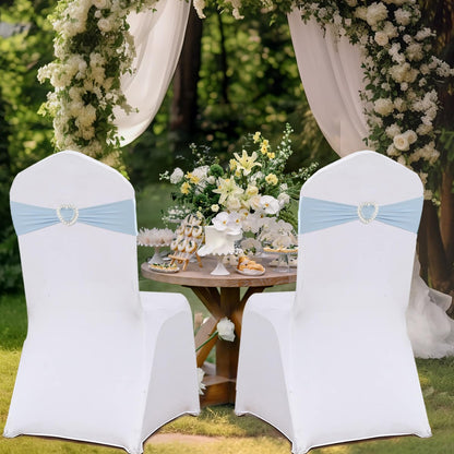 Fbewom Spandex Sky Blue Chair Sashes Bows 50 Pack Stretch Chair Cover Bands with Buckle Slider Elastic Chair Ties for Wedding Banquet Party Event Decoration