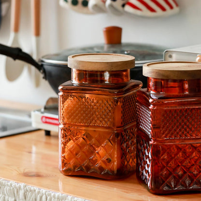 ANSQU Square Glass Canister, 61oz Candy Jar with Lid, Glass Food Storage Containers for Ground Coffee, Tea, Sugar, Decorative Mason Jar Cookie Jars (Amber)