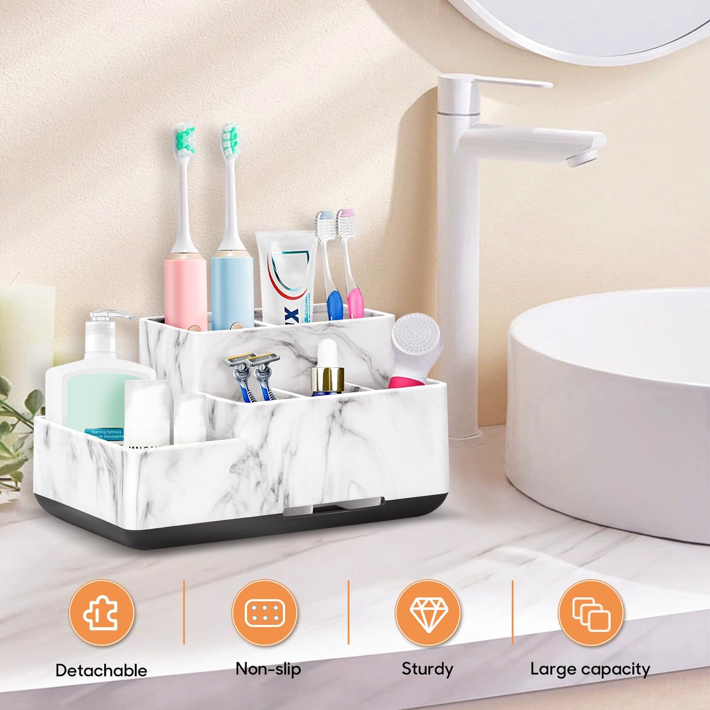 Toothbrush Holder,Bathroom Organizer Countertop, 5 Compartments Multifunctional Storage for Cosmetic, Makeup, Office Stationery Pencil,Toothpaste, Toothbrush,Ideal Gift for Home, Office