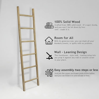 Wooden Blanket Ladder - 76in Natural & Motley Wood - Leaning Wall Decor for Bedroom, Bathroom, Living Room - Rustic Quilt Holder & Towel Rack (Brown, 76in | Pre Assembled)