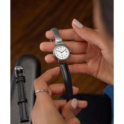 Timex Women's Easy Reader 25mm Watch Box Set – Silver-Tone Case White Dial with Tapered Expansion Band + Black Leather Strap