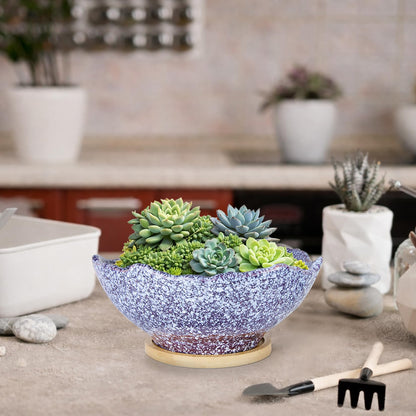 ARTKETTY Bonsai Pots - 9.06'' Ceramic Pots for Indoor Plants, Large Succulent Pots with Drainage Bamboo Tray, Unique Bonsai Tree Planters Round Cactus Flower Plant Container Bowl Home Office Decor