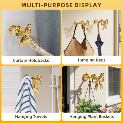 2Pcs Gold Bow Curtain Holdbacks Tiebacks for Wall - Heavy Duty Metal Curtain Holder Wall Mounted for Drapes Window Home Decoration