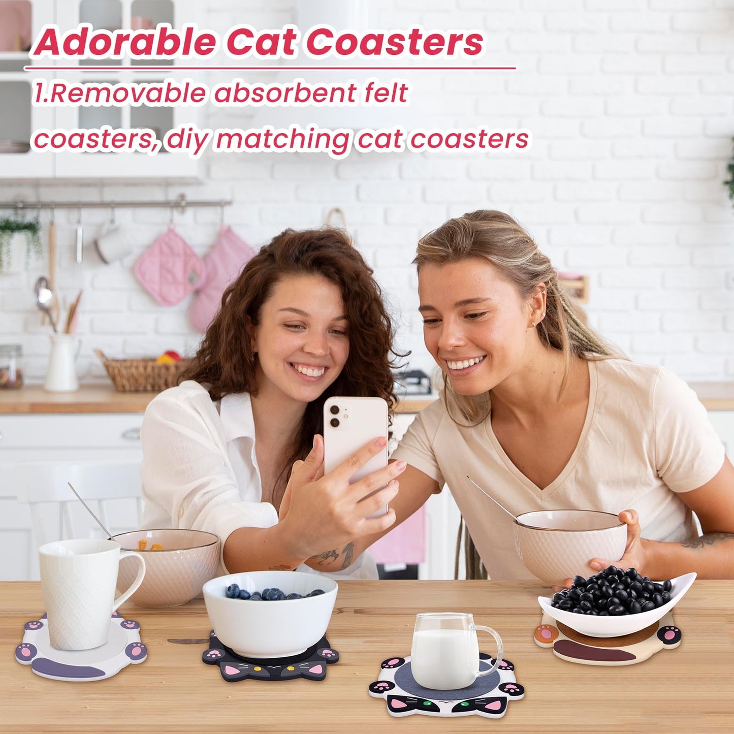Leokawin Cat Coasters,4pcs Coasters for Drinks,Cat Gifts for Cats Lovers,Funny Animal Themed Absorbent Coaster for Coffee Tea Table Decor,Gifts for Women Men