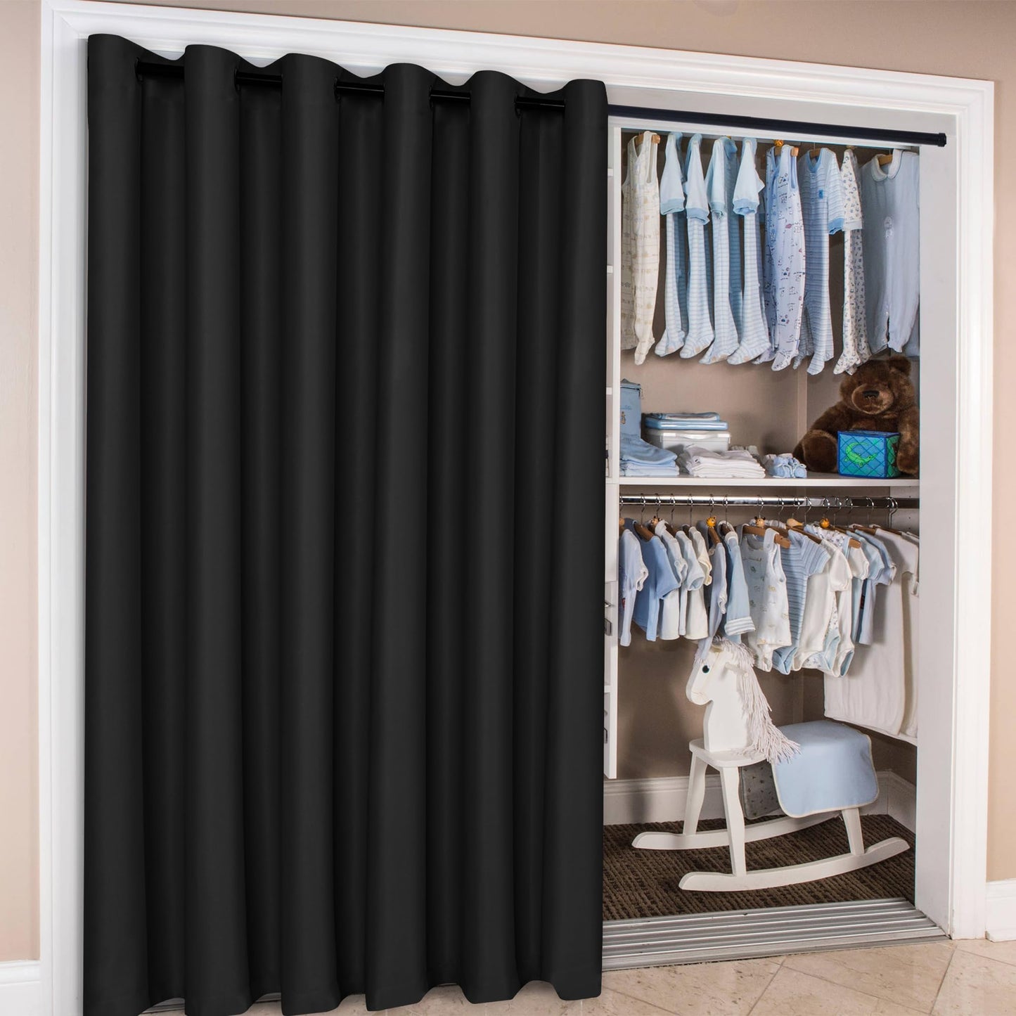 Hiasan Extra Wide Blackout Curtain Panel for Room Divider, 15ft Wide x 9ft Tall Grommet Patio Sliding Door Curtains for Thermal Insulated,Room Partition,Halloween,1 Ps Sewn with Tiebacks,Black