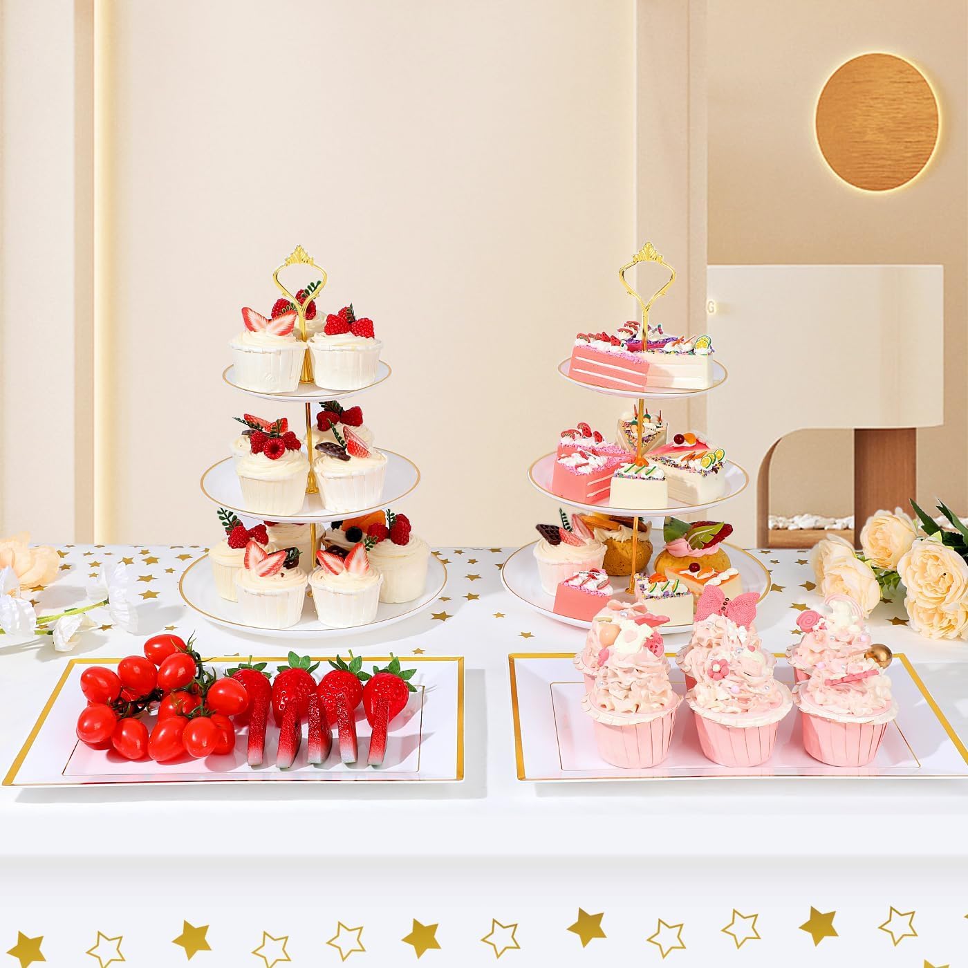 DI QIU REN 8PCS Cake Stand Set, Plastic Cupcake Stands with Gold Rim, Dessert Display Stands Set for Wedding Birthday Party Tea Party