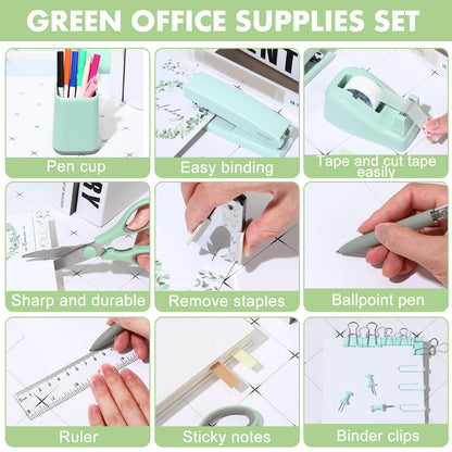 Marspark 12 Pcs Sage Green Office Supplies Desk Accessories Set Pen Holder Tape Dispenser Stapler Staple Remover Staples Tape Ruler Scissor Pen Sticky Note Index Tab Clips Set for Office School Home