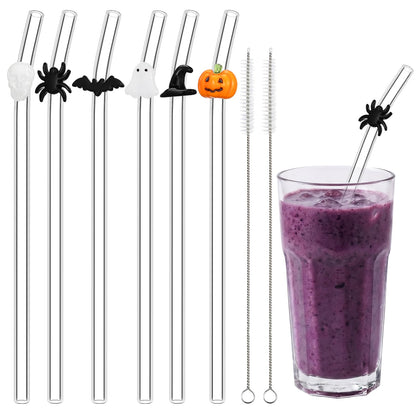 Meanplan 6 Pcs Halloween Glass Straws with Design Pumpkin Spider Ghost Bat Witch Hat Skull Reusable Shatter Resistant Clear Bent Straws with 2 Cleaning Brush for Drinks Cocktail Beverages