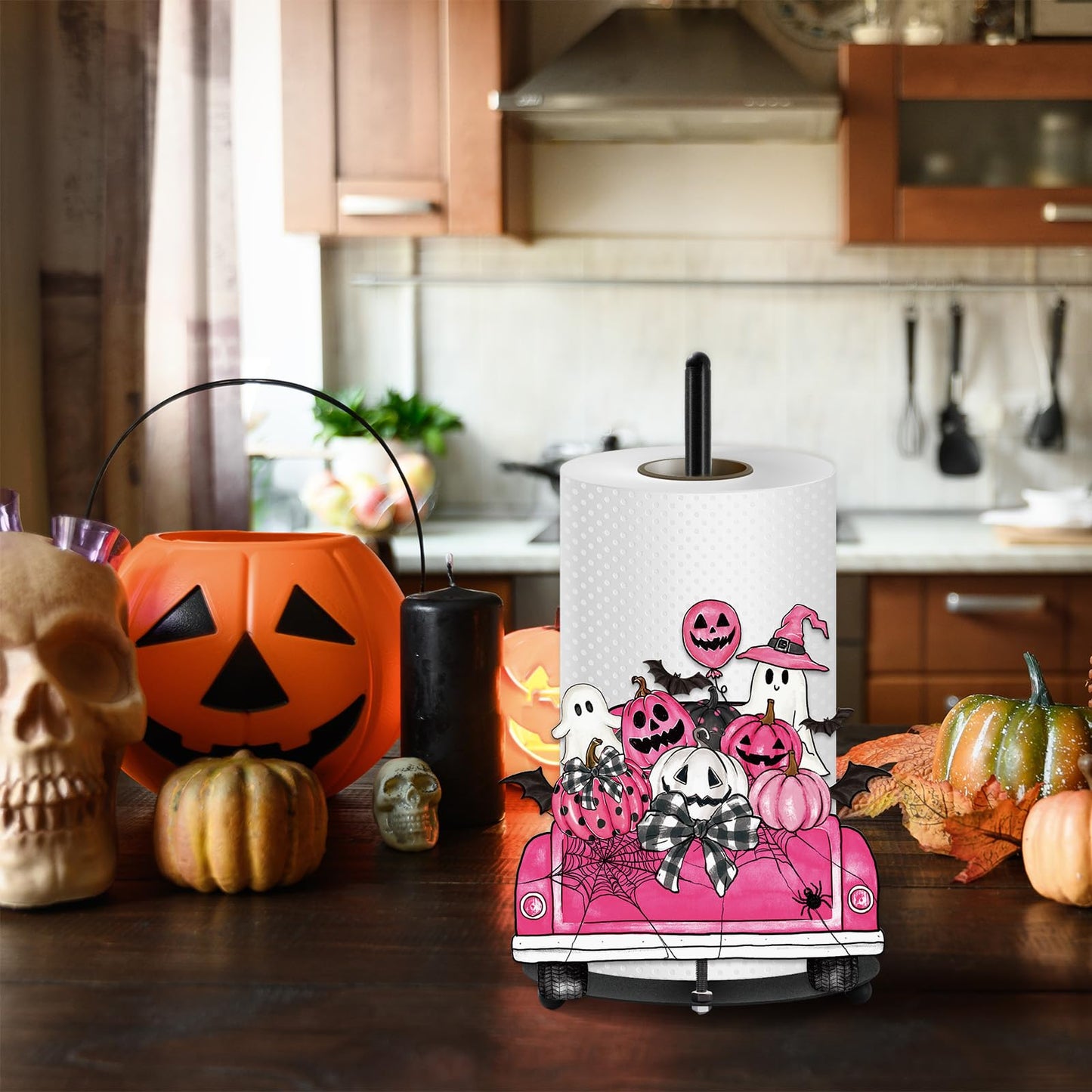 Whaline Pink Halloween Paper Towel Holder Pumpkin Ghost Truck Metal Towel Stand Trick or Treat Decoration Accessory for Holiday Party Home Kitchen Countertop