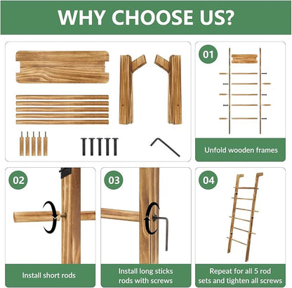 67" Wooden Blanket Ladder with Shelf and Hooks, 6-Tier Blanket Ladder for Living Room, Wall-Leaning Towel Ladder and Quilt Rack Storage, Farmhouse Decor Ladder for Display