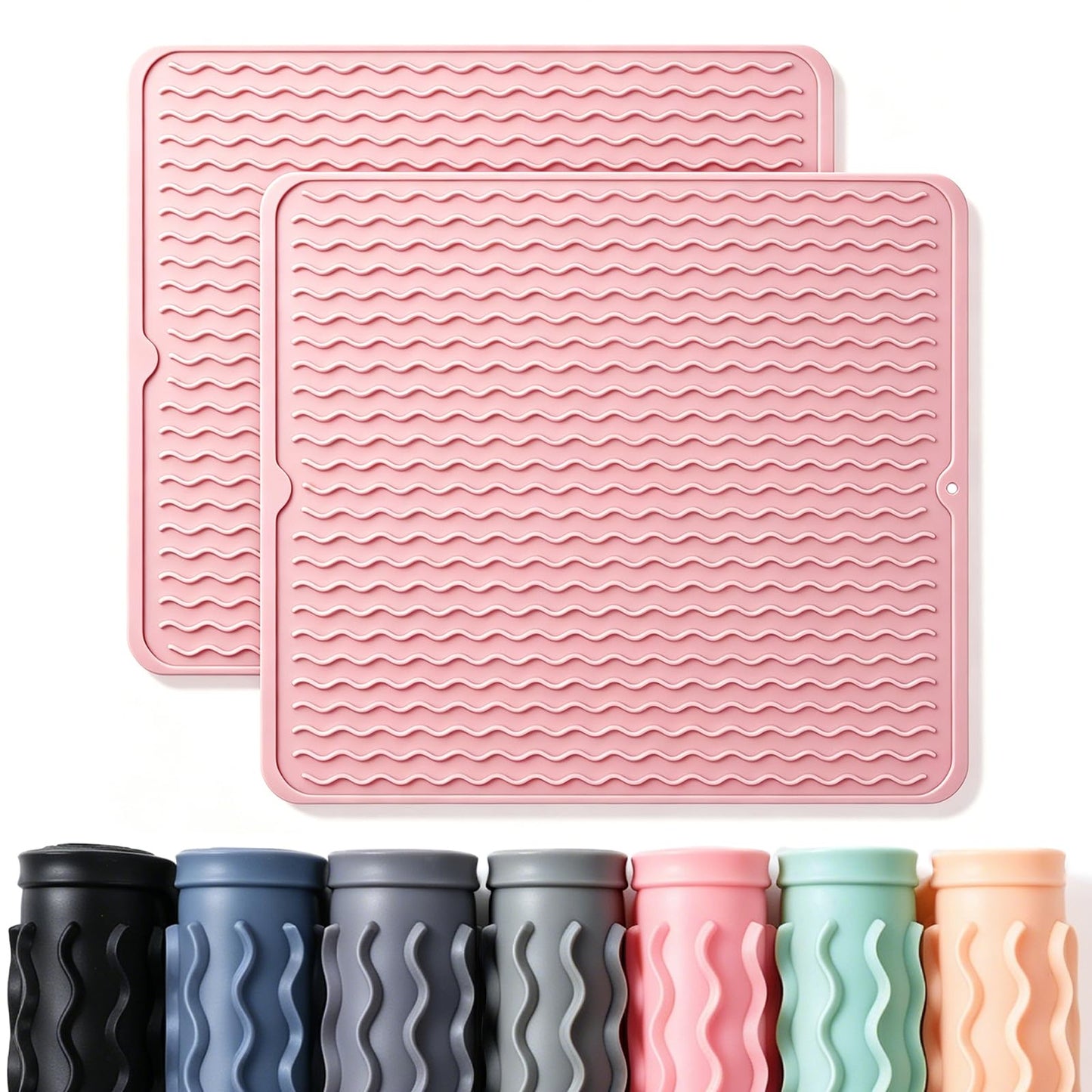 2 Pack Caketime Silicone Dish Drying Mat for Kitchen Counter Cooking Baking Liners Drawer Refrigerator Espresso Machine Station Utensil Holder Washer Trivets Oven Chef Gifts Extra Large 18"x16" Pink