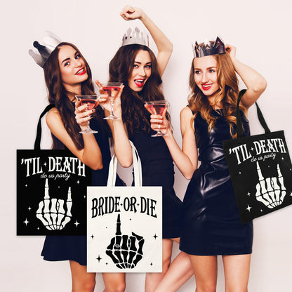 JarThenaAMCS 8Pcs Bride or Die Bachelorette Party Bag Reusable Bridesmaid Canvas Bags Black White Till Death Do Us Party Shoulder Tote Bags for Halloween Bridal Shower Wedding
