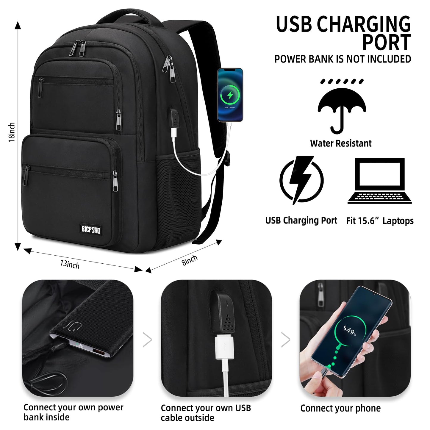 Black Backpack for Men Women, 15.6 inch Laptop Backpack for School, School Backpack for Boys Girls Teens, College Book Bag with USB Port, Water Resistant Bookbag, Business Work Travel