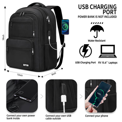 Black Backpack for Men Women, 15.6 inch Laptop Backpack for School, School Backpack for Boys Girls Teens, College Book Bag with USB Port, Water Resistant Bookbag, Business Work Travel