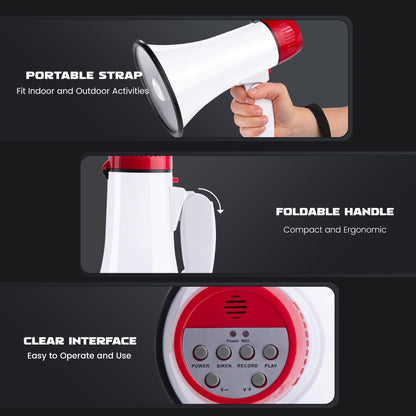MyMealivos 20W Megaphone Bullhorn, Built in Siren & 240s Recording, 5.4"×8.6" Portable Megaphone with Volume Control Cover Up to 300 feet+ for Indoor and Outdoor Activities(White&Red)