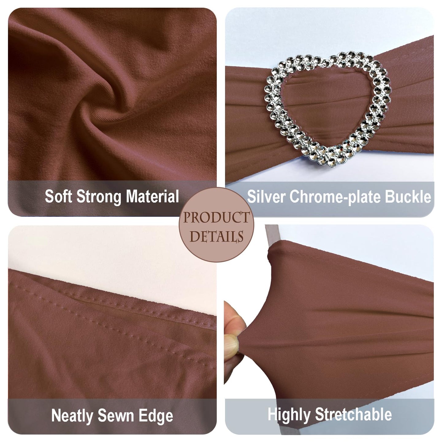 Fbewom Brown Chair Sashes 60 Pack Spandex Brown Sashes for Chairs Universal Spandex Chair Sashes Bands with Heart Buckle Slider for Wedding Banquet Party Decorations