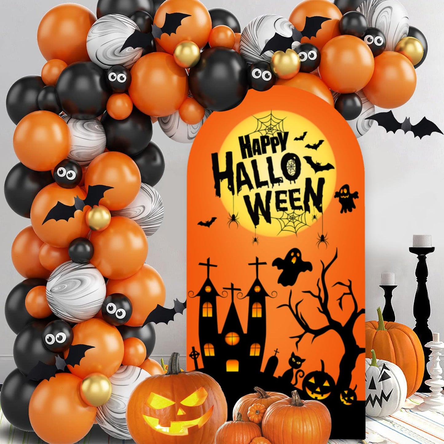 Happy Halloween Arch Backdrop Stand Cover 6ft Skeleton, Ghost Pumpkin Bat, Party, Spandex Arch Cover Horror Style Backdrop Fabric 2-Sided with Fall Pumpkin Spooky Witch Round Top for Halloween Party