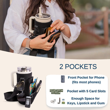 SOLLY AND RUE Water Bottle Sling Bag Crossbody Water Bottle Holder with Strap & Phone Pocket Insulated Carrier for Stanley & Hydro Flask up to 40oz Travel & Walking Companion