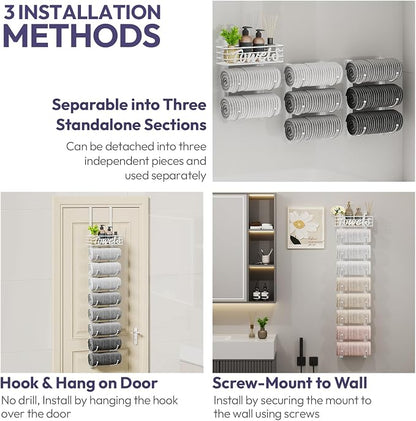 SWTYMIKI Hanging Towel Racks for Bathroom - 9 Tier Over the Door & Wall Mounted Bath Rolled Towel Storage Organizer Holder for Small Bathroom, RV, Camper, White (Patented)