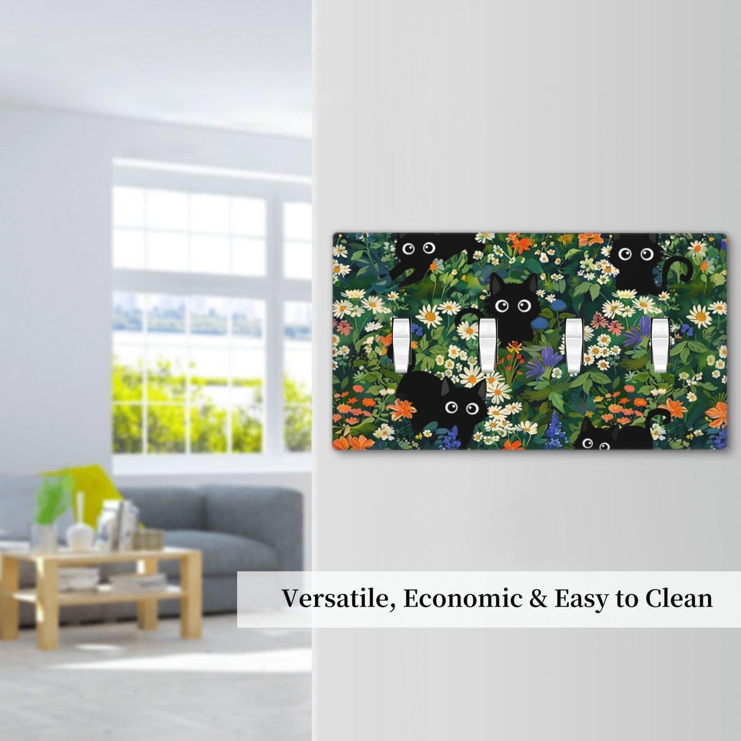 Cute Black/Green Cats Decorative 4-Gang Quad Toggle Light Switch Wall Plate Cover, Nursery Playroom Summer Floral Flower Jungle Quadruple Toggle Device Switches Wall Plate Outlet Covers Standard Size