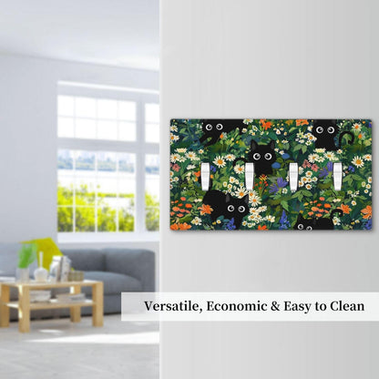 Cute Black/Green Cats Decorative 4-Gang Quad Toggle Light Switch Wall Plate Cover, Nursery Playroom Summer Floral Flower Jungle Quadruple Toggle Device Switches Wall Plate Outlet Covers Standard Size