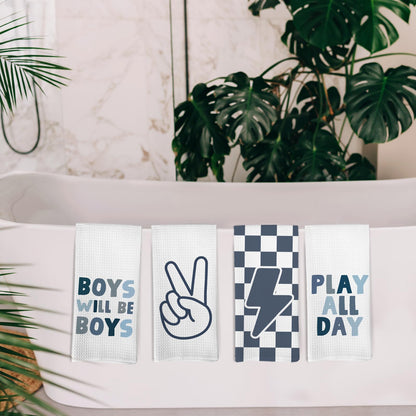 KFXHANGD Blue Boys Kids Hand Tea Towel Set of 4 for Bathroom, Blue Checkered Dish Towels, Motivational Affirmation Decorative Dish Tea Towel for Kitchen, Boys Bathroom Decor, 16x24 Inches