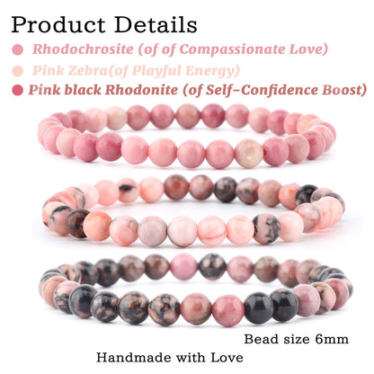 NCB 3-Piece 6mm Natural Crystal Gemstone Stretch Bracelets – ﻿Pink Zebra, Red Jasper, Red Plum Blossom Stone Handmade Reiki Energy Healing Jewelry for Meditation,Yoga, Unisex