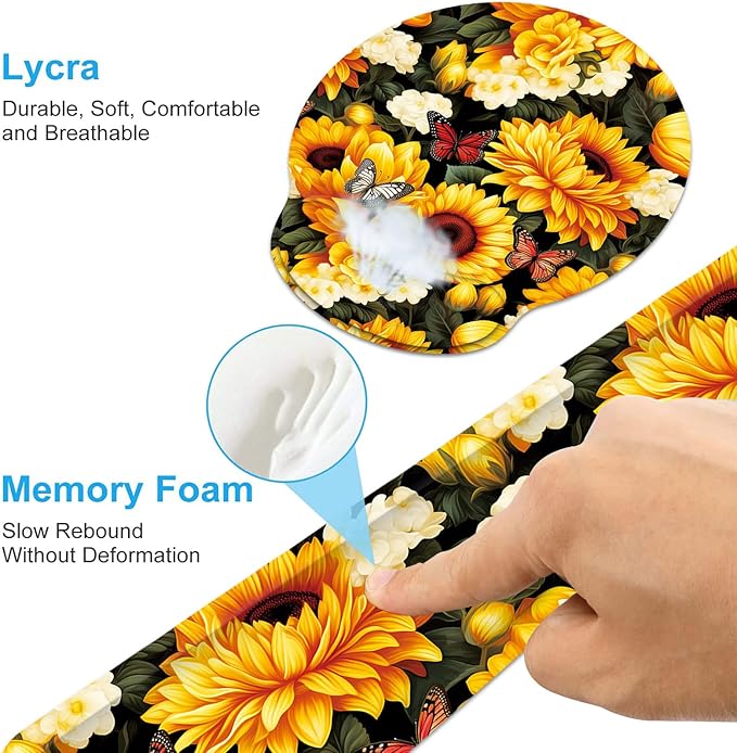 Keyboard Wrist Rest and Mouse Wrist Rest Pad with Cup Coaster,Made of Memory Foam,Ergonomic Support,Easy-Typing and Pain Relief,for Gaming Office Home Computer,Sunflowers and Butterfly