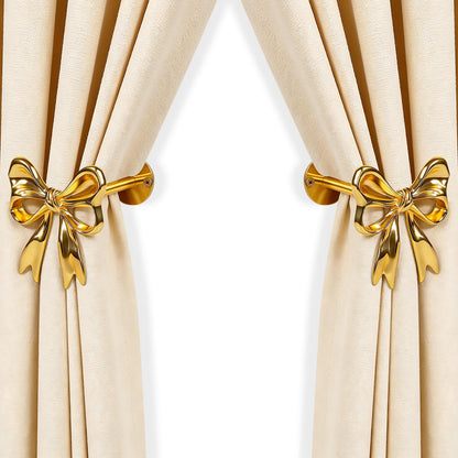 2Pcs Gold Bow Curtain Holdbacks Tiebacks for Wall - Heavy Duty Metal Curtain Holder Wall Mounted for Drapes Window Home Decoration