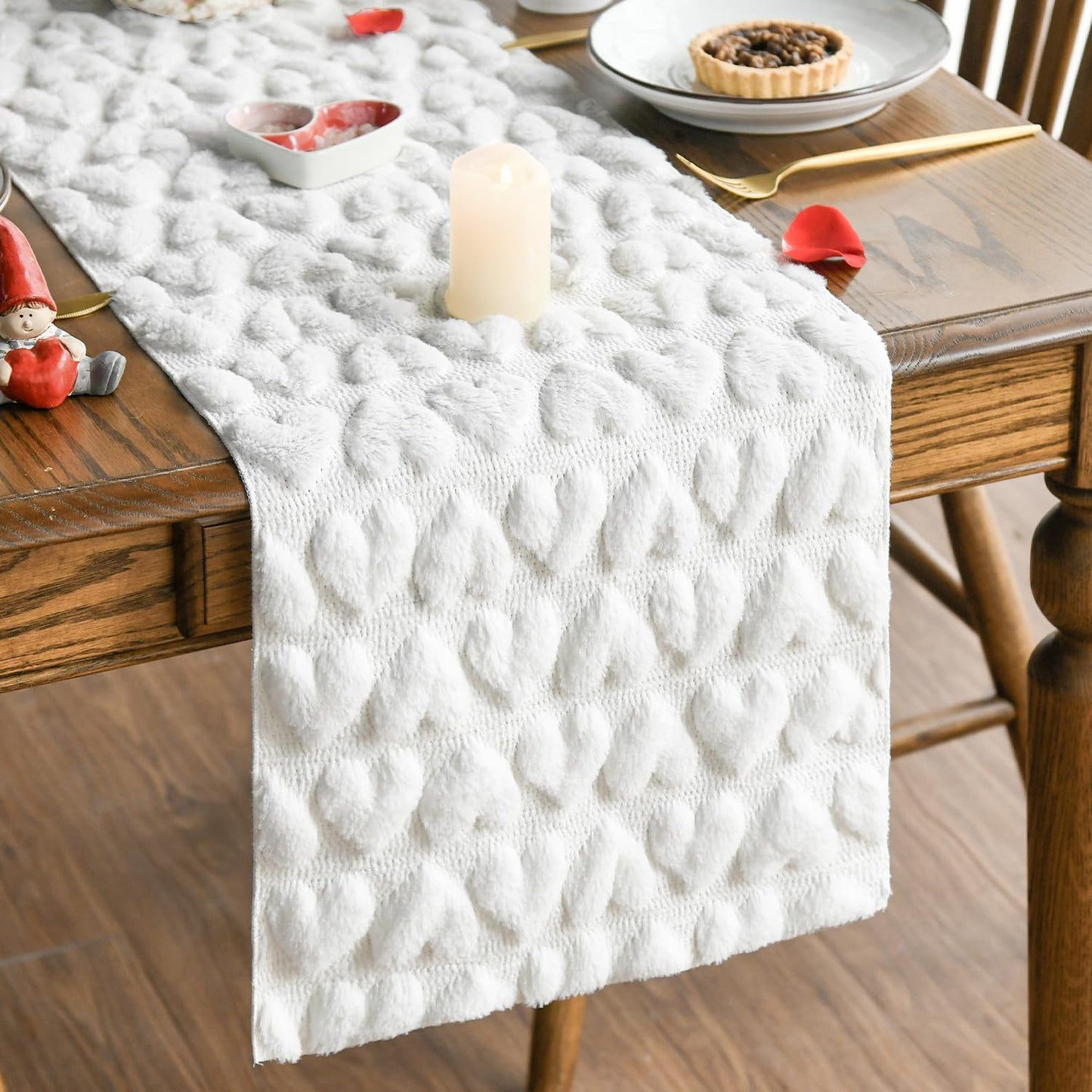 Artoid Mode White Soft Plush Faux Fur Jacquard Heart Valentine's Day Table Runner, Seasonal Kitchen Dining Table Decoration for Home Party Decor 13x72 Inch