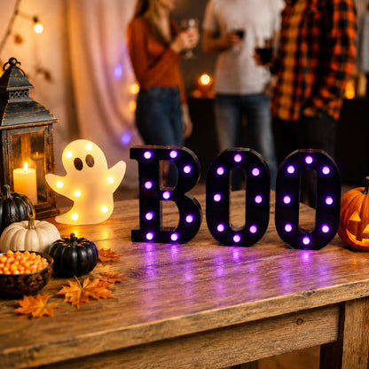 InnovTools Autumn Halloween Decorations BOO Marquee Letters with Ghost Light Purple LED Light Up Sign Spooky Table Centerpiece Wall Decor for Halloween Home Room Indoor Party Battery Operated Signs