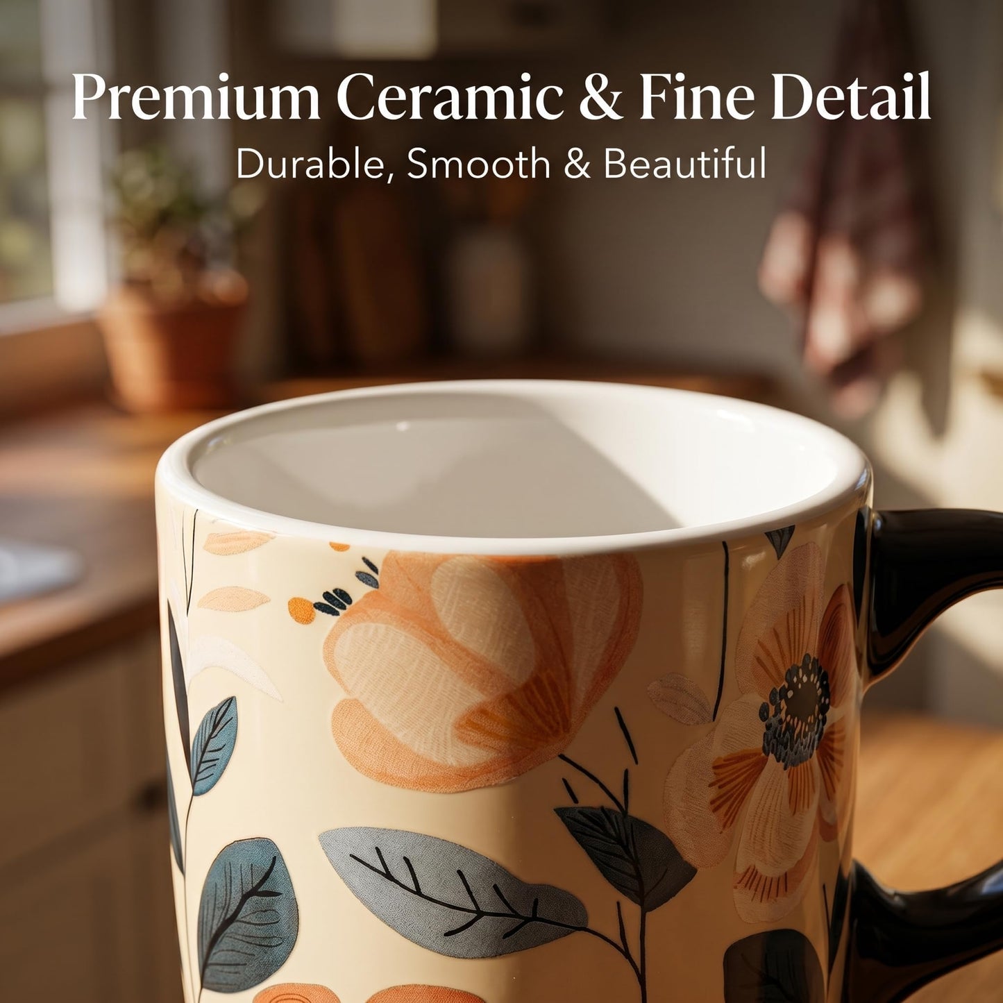 Topadorn Botanical Ceramic Travel Mug with Lid, 17oz Floral Coffee Mug with Handle, Microwave & Dishwasher Safe, Gift Box Included