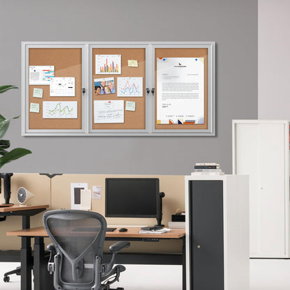 Mifuro 70"x34" Enclosed Bulletin Board, Outdoor Lockable Weather-Resistant Aluminum Cork Noticeboard for School & Office, Silver Frame w/Cork