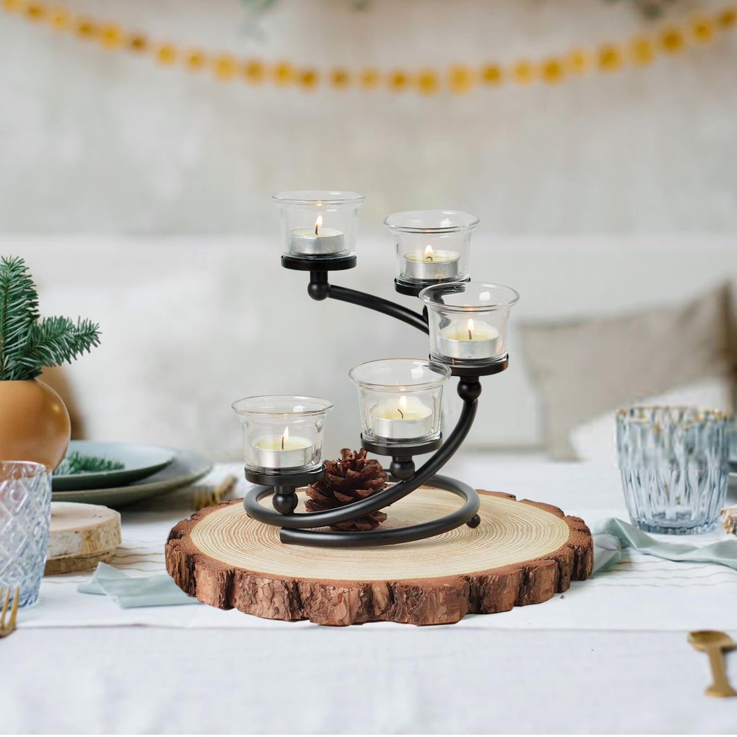 Kolnlala 2Pcs Black 5-arm Metal & Glass Tea Light Candle Holders for Table Centerpiece, Glass Votive Tealight Holders/Candelabra Candlestick Holders for Wedding,Party, Anniversary,Christmas