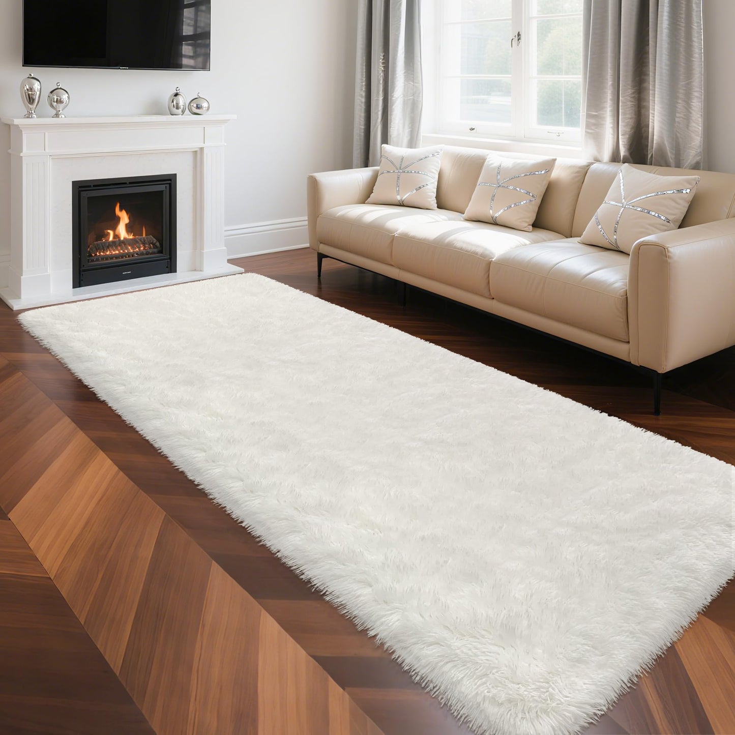 TENNOLA 3x10 Feet White Soft Shag Runner Rug for Bedroom Fuzzy Fluffy Rugs with Non-Slip Bottom for Hallway Bedside Living Room Dorm, Furry Area Rug for Nursery Playroom Indoor Home Decor