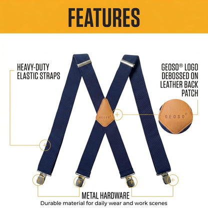 GEOSO Work Suspender, 2-Inch Wide Elastic Clip-on Suspenders for Men, Heavy-Duty Pants Suspender Blue