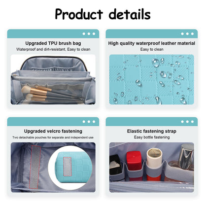 BOYATU Checkered Travel Makeup Bags: Vacation-Ready Light Blue Large Capacity Cosmetic Bag for Women - 3 Pcs Set Toiletry Organizer with Waterproof Leather - Easy to Clean Beach Trip Essential
