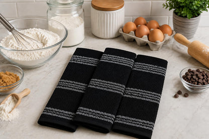 Serafina Home Black Kitchen Hand Dish Towels: Oversized 18" x 28",100% Cotton Soft Absorbent Dish Cloths for Cleaning Drying, Set of 3 Multipurpose for Everyday Use