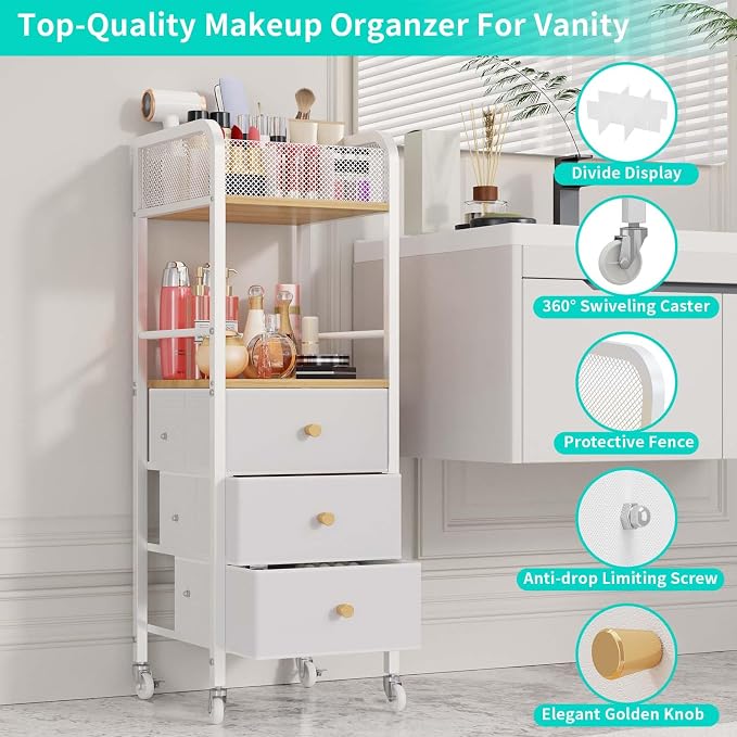 HapiRm Rolling Makeup Cart Organizer - Floor Skincare Make Up Storage with 3 Non-woven Fabric Drawers, Vanity Organizer Cosmetic Display Cases Holder for Skin Care Perfume Nail Polish Brush Hair Tool