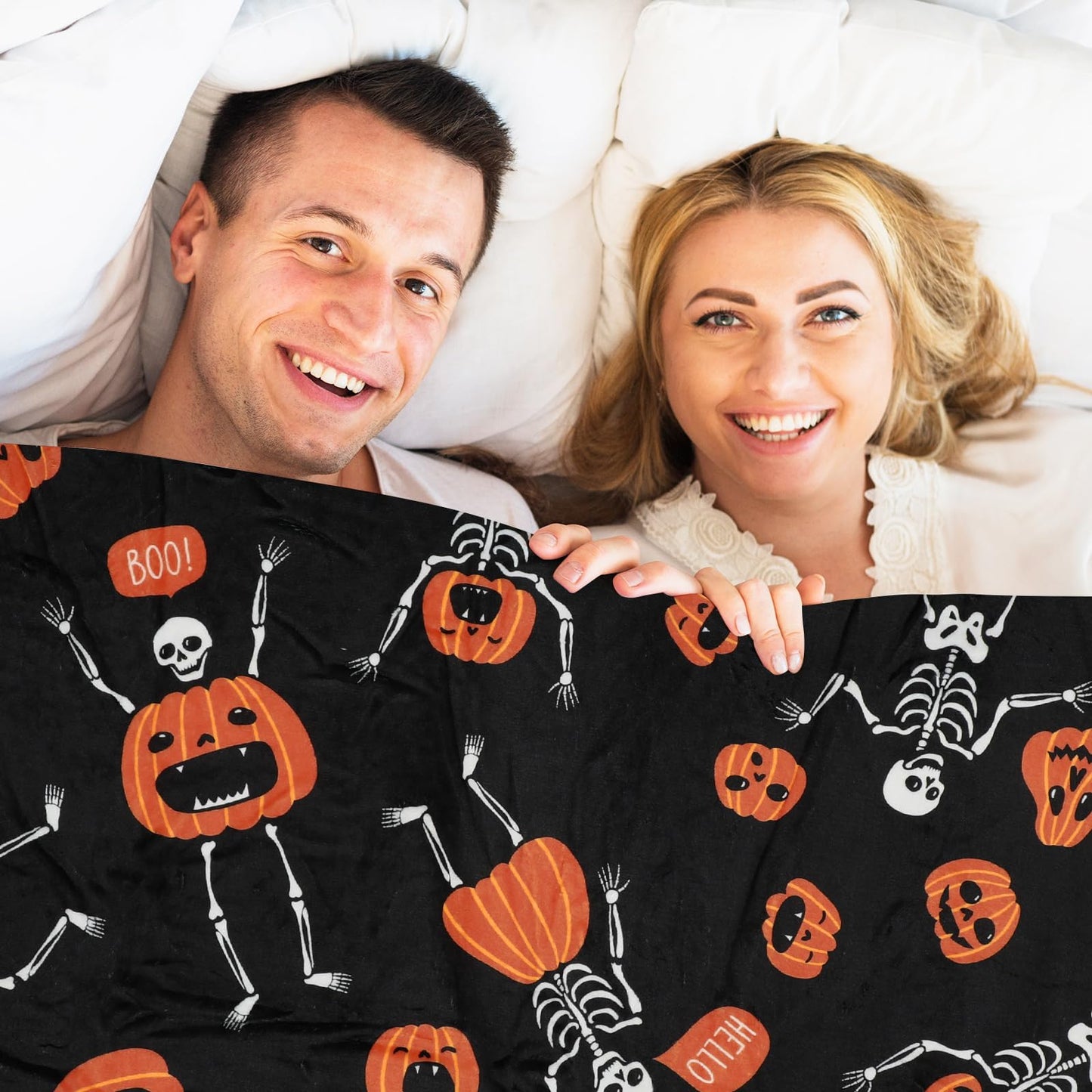 Whaline Halloween Fuzzy Flannel Blanket 50 x 60 Inch Evil Pumpkin Face Skeleton Decorative Throw Blanket for Holiday Home Chair Soft Couch Bed
