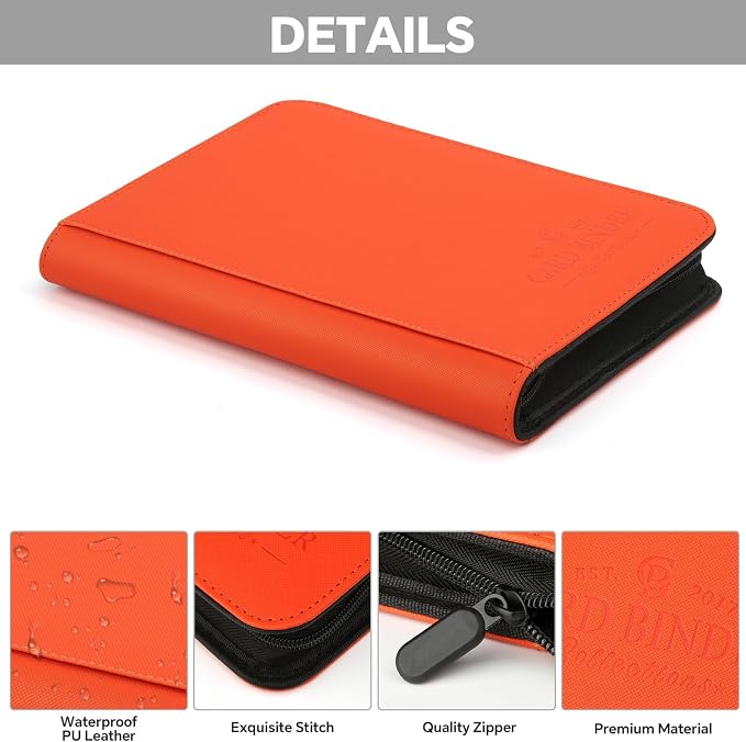 Toploader Binder, 4 Pocket Trading Card Binder Holds 128 Top Loaders, Premium Zipper Card Storage Case with Double-Sided Pockets for 3x4'' Toploaders, TCG, MTG, Sports Cards.(Hermes Orange)