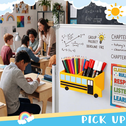 ReliThick Teacher Magnetic Pen Holder Magnetic School Bus Desk Organizer, Teacher Appreciation Gifts, Dry Erase Marker Holder with 4 Strong Magnets, Classroom Decor & Storage Bin