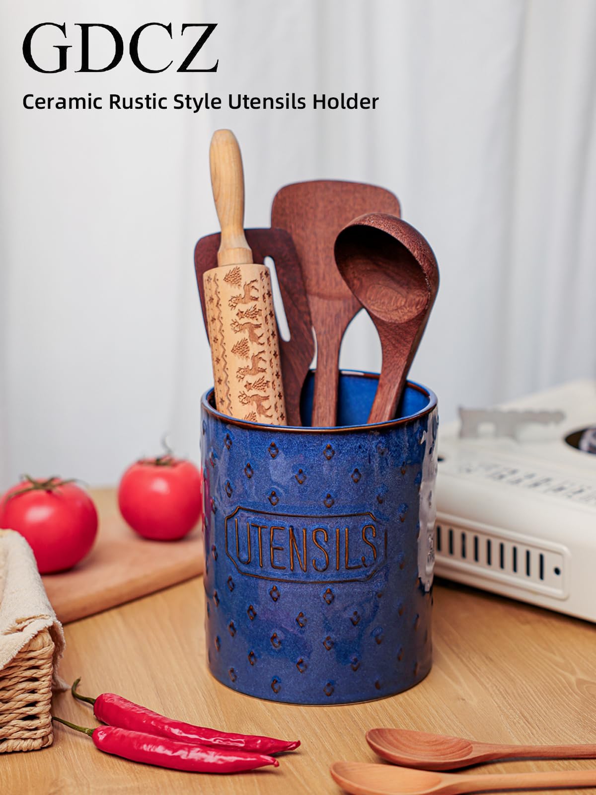 GDCZ 7 Inch Utensil Holder, Ceramic Utensil Crock for Countertop, Cooking Tool Organizer for Kitchen Counter, Farmhouse Kitchen Decor (Blue)